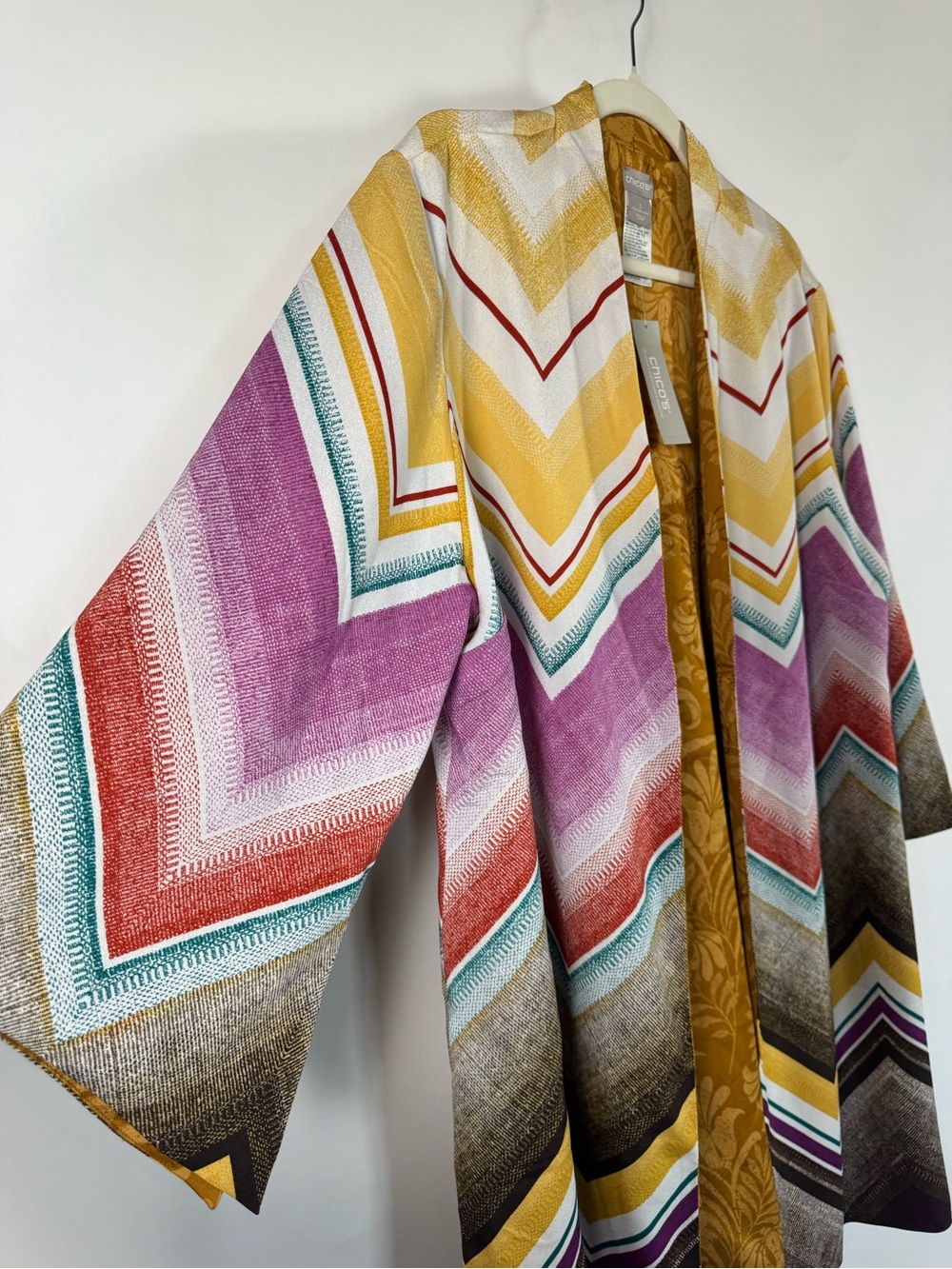 Chico's NWT Reversable Kimono Jacket Size 3 Chevron Vibrant Layering Flowy Boho - Picture 2 of 12